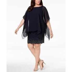 Xscape Black Beaded Chiffon Cape Evening Sheath Dress Size 4